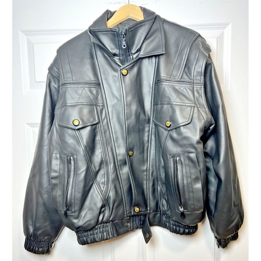 Epoche Women's M PVC Moto Jacket Zip‑Off Sleeves Convertible Vest Y2K Art 220043